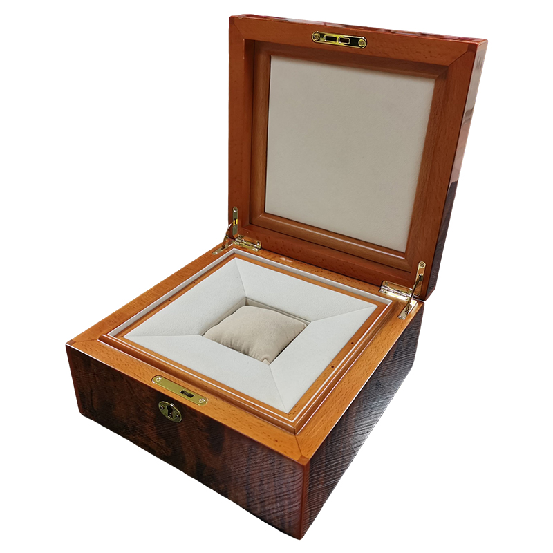 Custom Luxurious Wooden Box Manufacturer High Gloss Lacquer Tree Burl Wooden Watch Box Design Moveable Watch Tray w/storage box